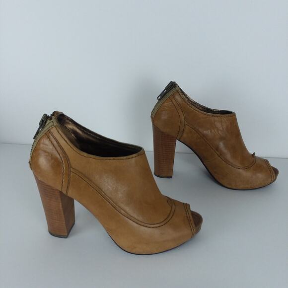 Apepazza Pavia Bootie 8.5 Tan Chunky Heel Distressed Leather Peeptoe Shoes‎ Y2K - Picture 4 of 12